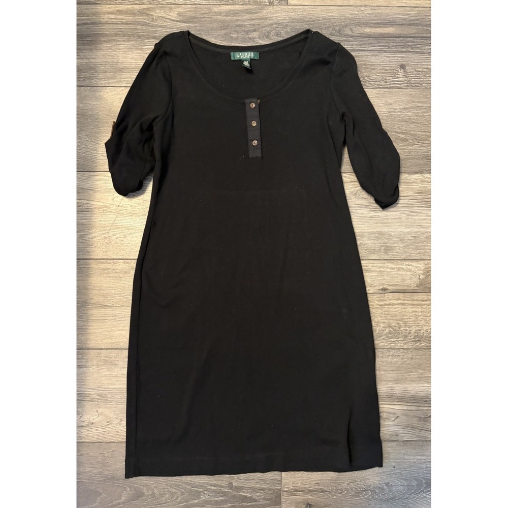 Lauren Ralph Lauren Black Ribbed Henley Dress Roll Tab Sleeve Womens PL Cotton